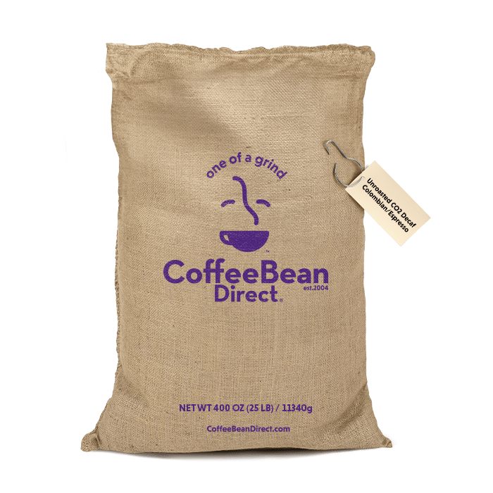 Coffee Bean Direct Unroasted CO2 Decaf Colombian/Espresso 25-lb burlap bag