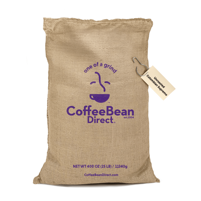 Coffee Bean Direct Unroasted CO2 Decaf Colombian Supremo 25-lb burlap bag
