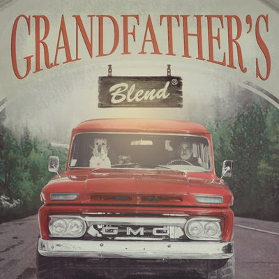 Coffee Bean Direct Grandfather's Blend label with man and dog in old GMC car driving through the woods