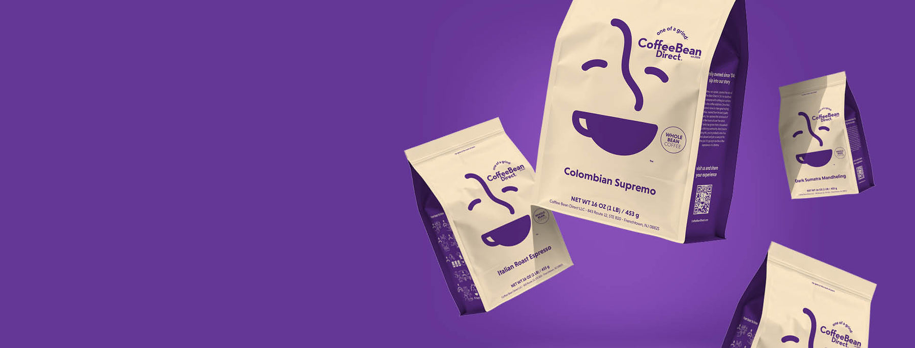 About Us -- assortment of Coffee Bean Direct rebranded coffee bags on a purple background