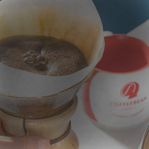 Gift Subscription mobile -- glass pourover with coffee filter on top and coffee mug