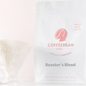 Gift Subscription mobile -- Roaster's Blend coffee bag alongside a mug with a coffee filter