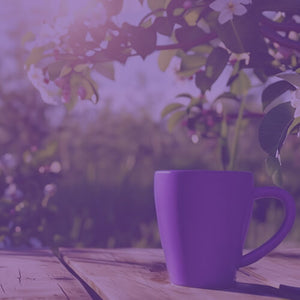 August Roaster's Blend featured mobile hero --purple mug on a wooden deck with a garden background