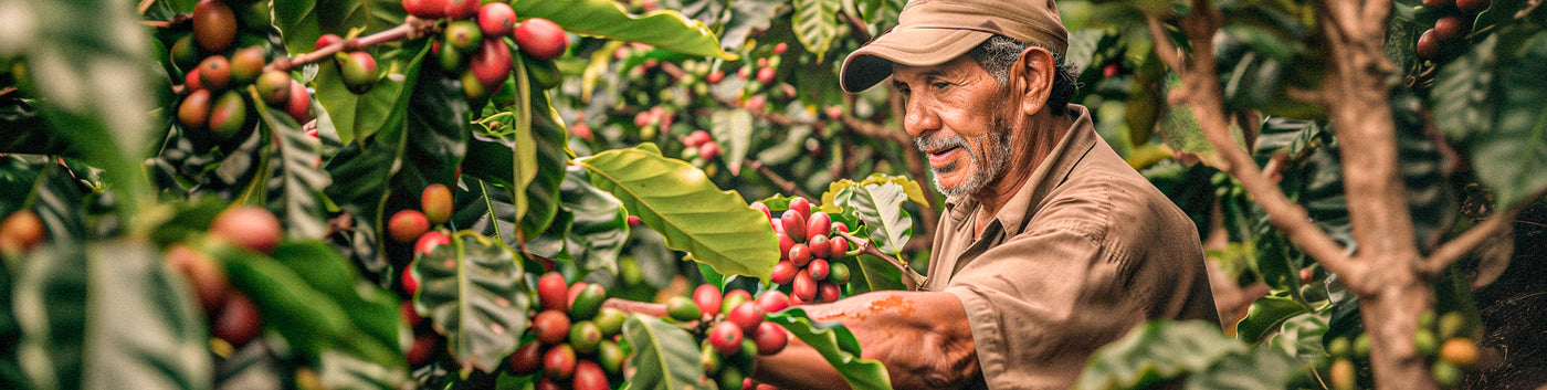 Costa Rican Tarrazu featured hero -- man surrounded by trees with ripe coffee beans
