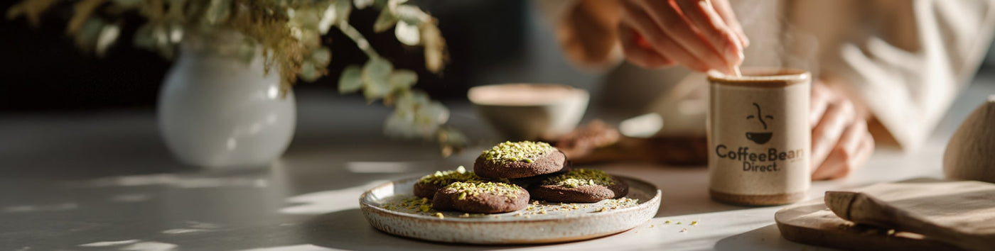 Dubai Chocolate featured hero -- Plate of cookies in the foreground with a person stirring their coffee in our branded mug in the background