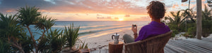 Espresso Subscription featured hero -- person watching a beach sunrise while sitting in a chair holding a shot of espresso