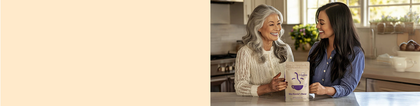 Gift Subscription Sale and Mother's Day featured hero -- mother and daughter smiling in the kitchen with a bag of Coffee Bean Direct coffee