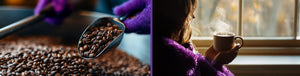 Roaster's Blend Subscription featured hero -- dual image depicting roaster and a scoop of freshly roasted coffee beans on the left and a woman enjoying a hot cup of coffee by the window sill on the right