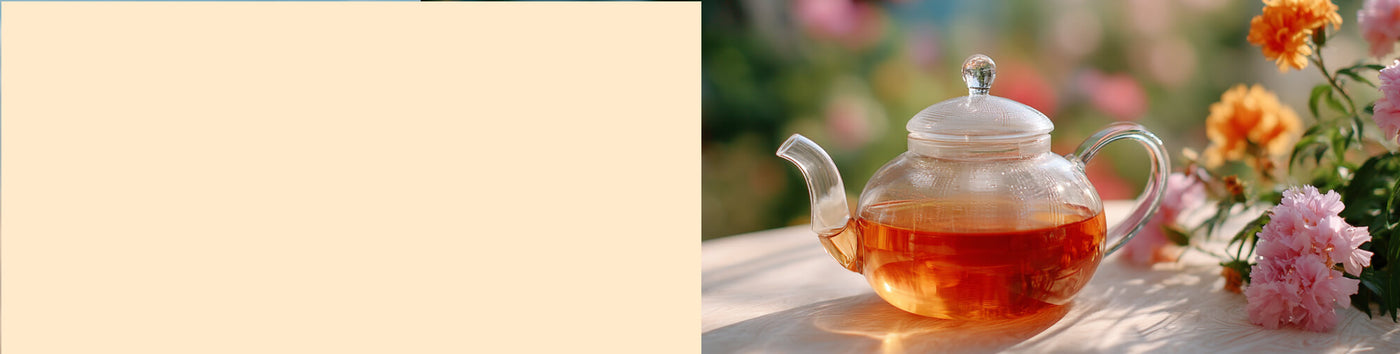 Summer Blossom Herbal Tea featured hero -- teapot on a table filled with Summer Blossom tea alongside bright flowers