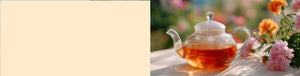 Summer Blossom Herbal Tea featured hero -- teapot on a table filled with Summer Blossom tea alongside bright flowers