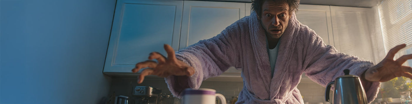Zombie Cure featured hero -- man in bath robe reaching for coffee in the kitchen with eyes wide open