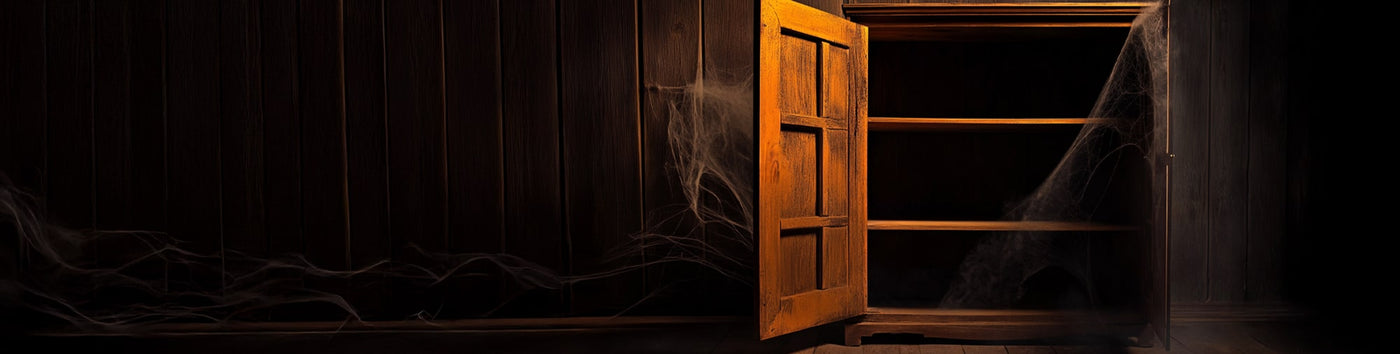 ZOMBREW discount featured hero -- dark attic background with open dresser and cobwebs